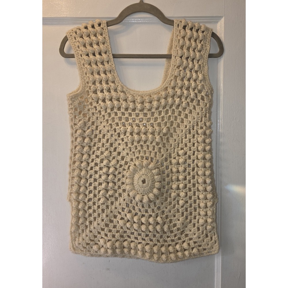 Vintage 90's Handmade Cream Crochet Flower Tank Top. Wide Strap. Pullover. OS